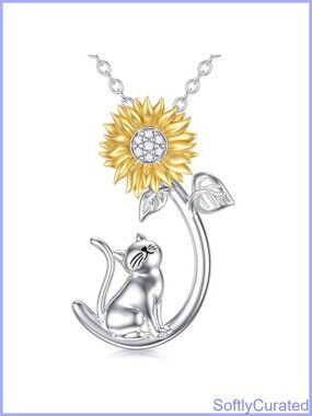 Cat Sunflower Necklace Brass Pendant Pet Memorial Gift for Women